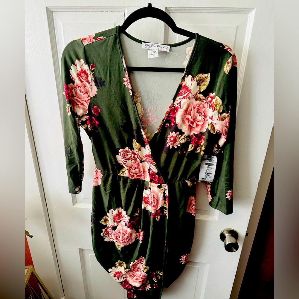 Green and floral wrap dress